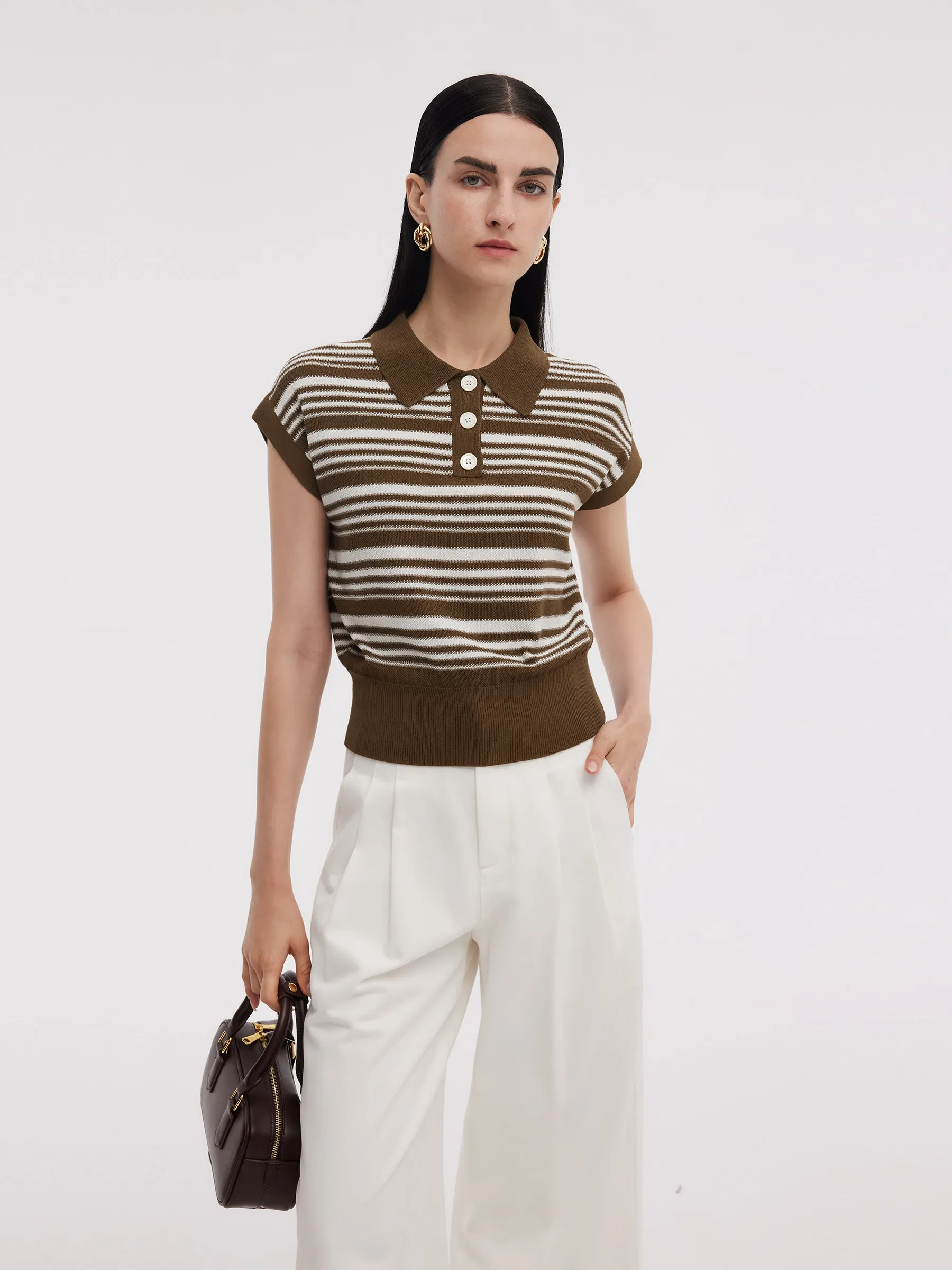 Tencel Blend Polo Collar Stripe Women Cap Sleeve Knit Tank Top experts