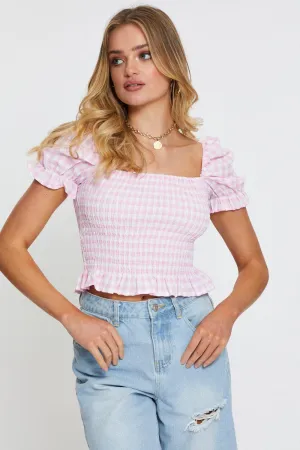 Check Crop T Shirt Short Sleeve Square Neck AntiSnagFabric