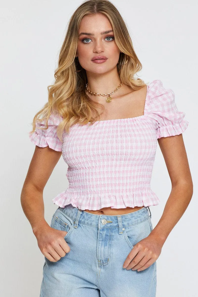 Check Crop T Shirt Short Sleeve Square Neck AllSeasonWear