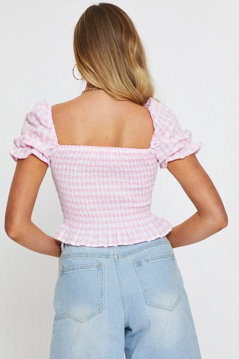 Farm Glow Check Crop T Shirt Short Sleeve Square Neck