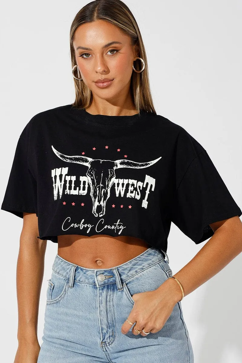 Black Graphic Tee Short Sleeve Crop Comfortable Layering Oversized Fit