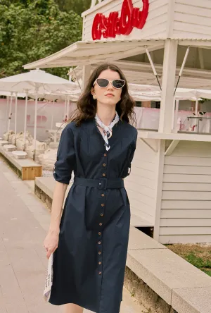 Miles Cotton Midi Dress - Navy MatteFinishTexture Seasonal Fashion