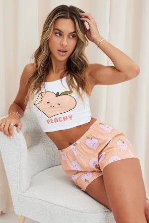 NonIrritatingSeams Multi Print Peach Pj Graphic Slogan Singlet Pyjama Set