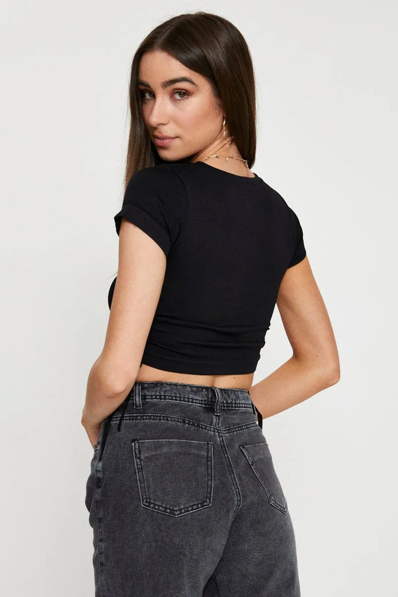 AntiBacterialTextile MultiFunctional Pockets Black T Shirt Short Sleeve Crop Crew Neck