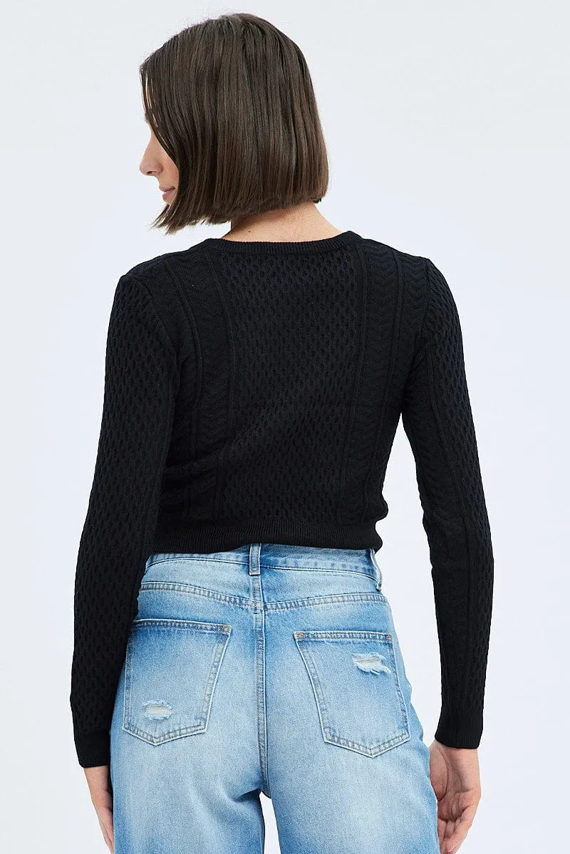 Casual Comfort Black Cable Knit Shrug And Singlet Top Long Sleeve