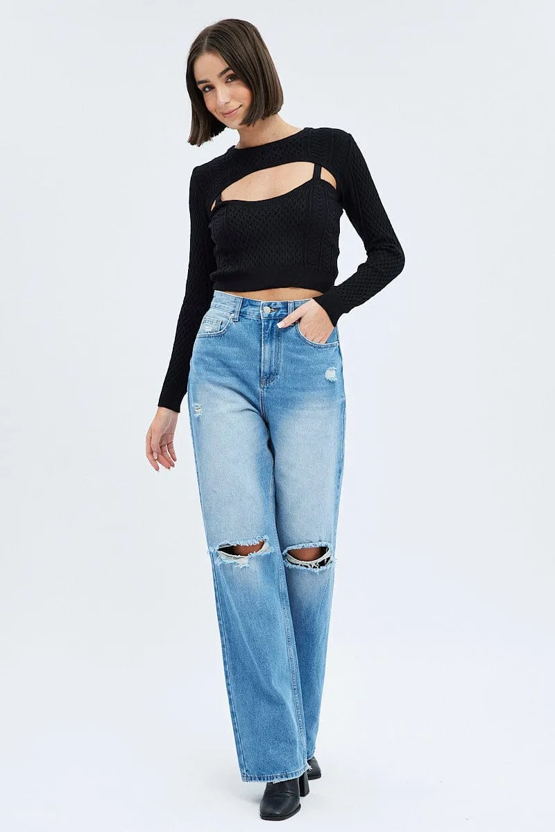 Fantasy Mood LayeredPanels Black Cable Knit Shrug And Singlet Top Long Sleeve