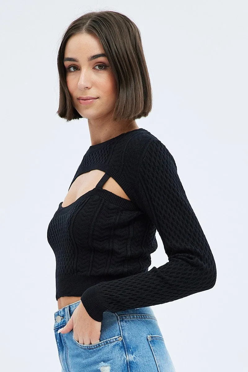Black Cable Knit Shrug And Singlet Top Long Sleeve AntibacterialFinish