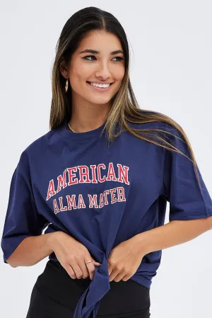 Blue T Shirt Short Sleeve Crew Neck Relaxed Collegian Active Outfit