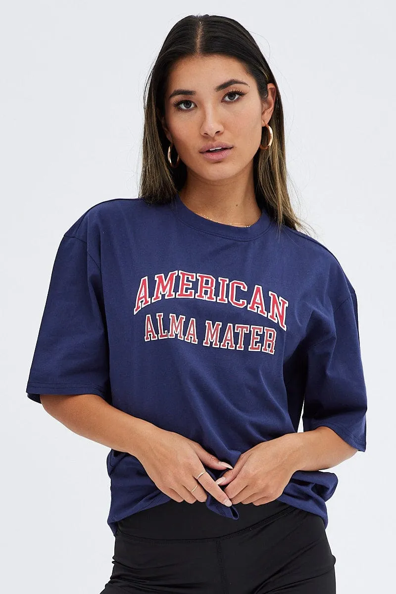 Blue T Shirt Short Sleeve Crew Neck Relaxed Collegian Pocket Detailing