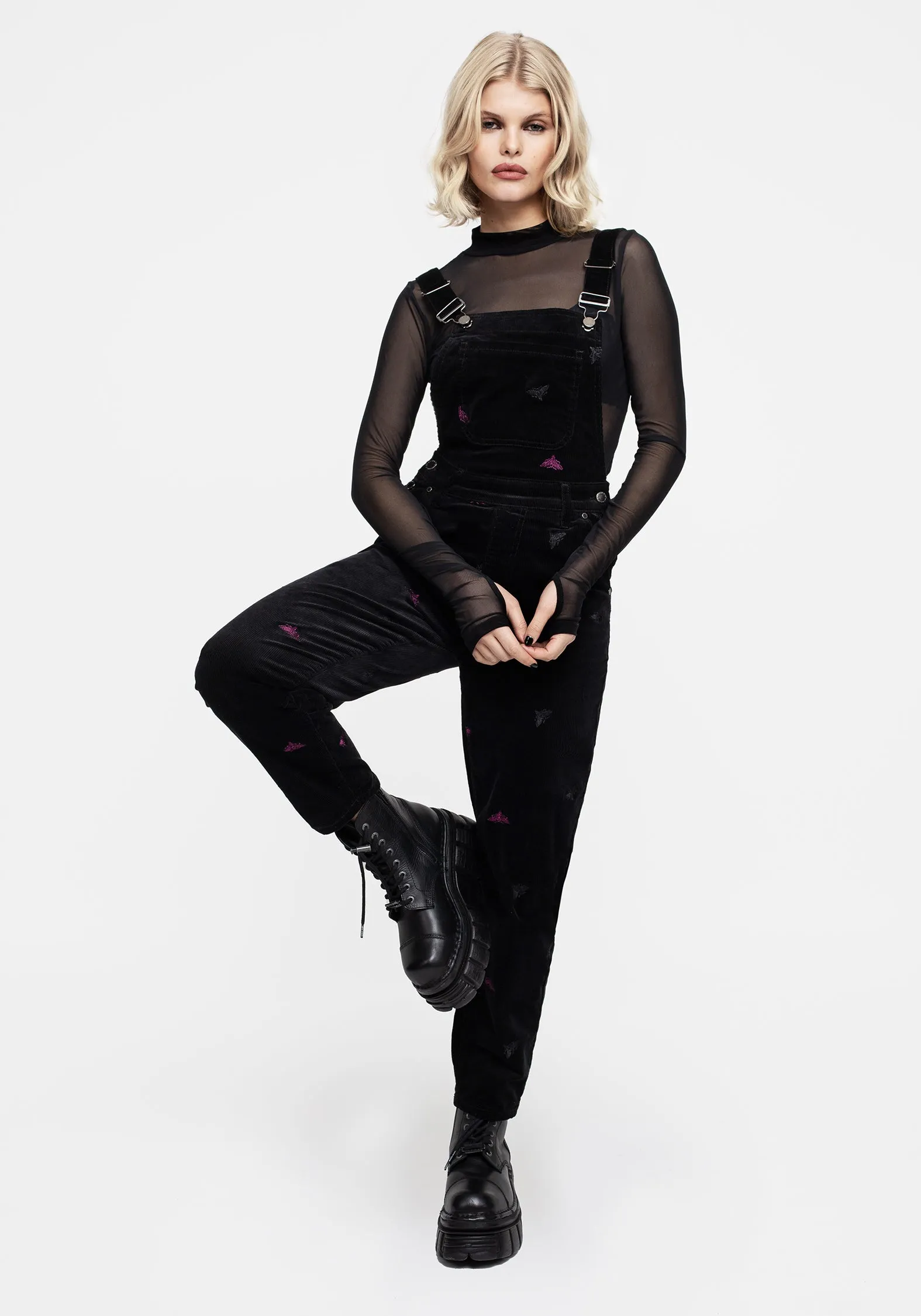 Styx Moth Embroidered Cord Balloon Leg Dungarees Straight Leg