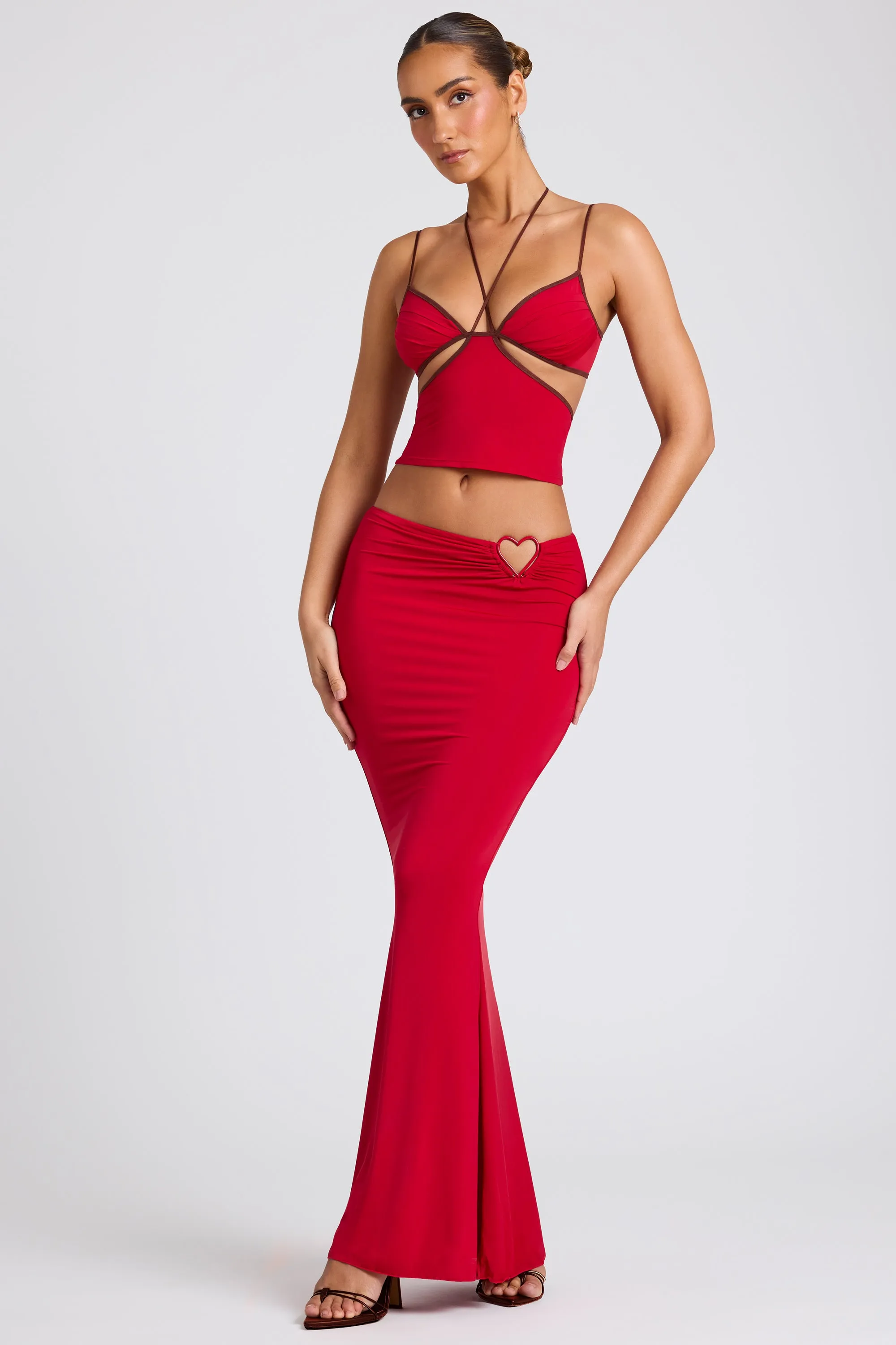 Soft Tones Mid Rise Maxi Skirt in Fire Red