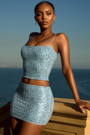 Embellished Mid-Rise Micro Mini Skirt in Light Blue Soft Finish