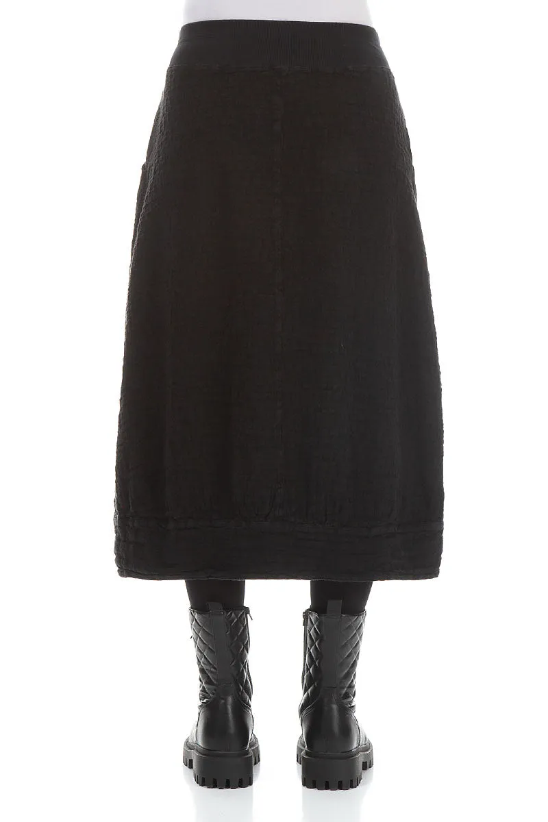Black Textured Linen Midi Skirt Ruching Details