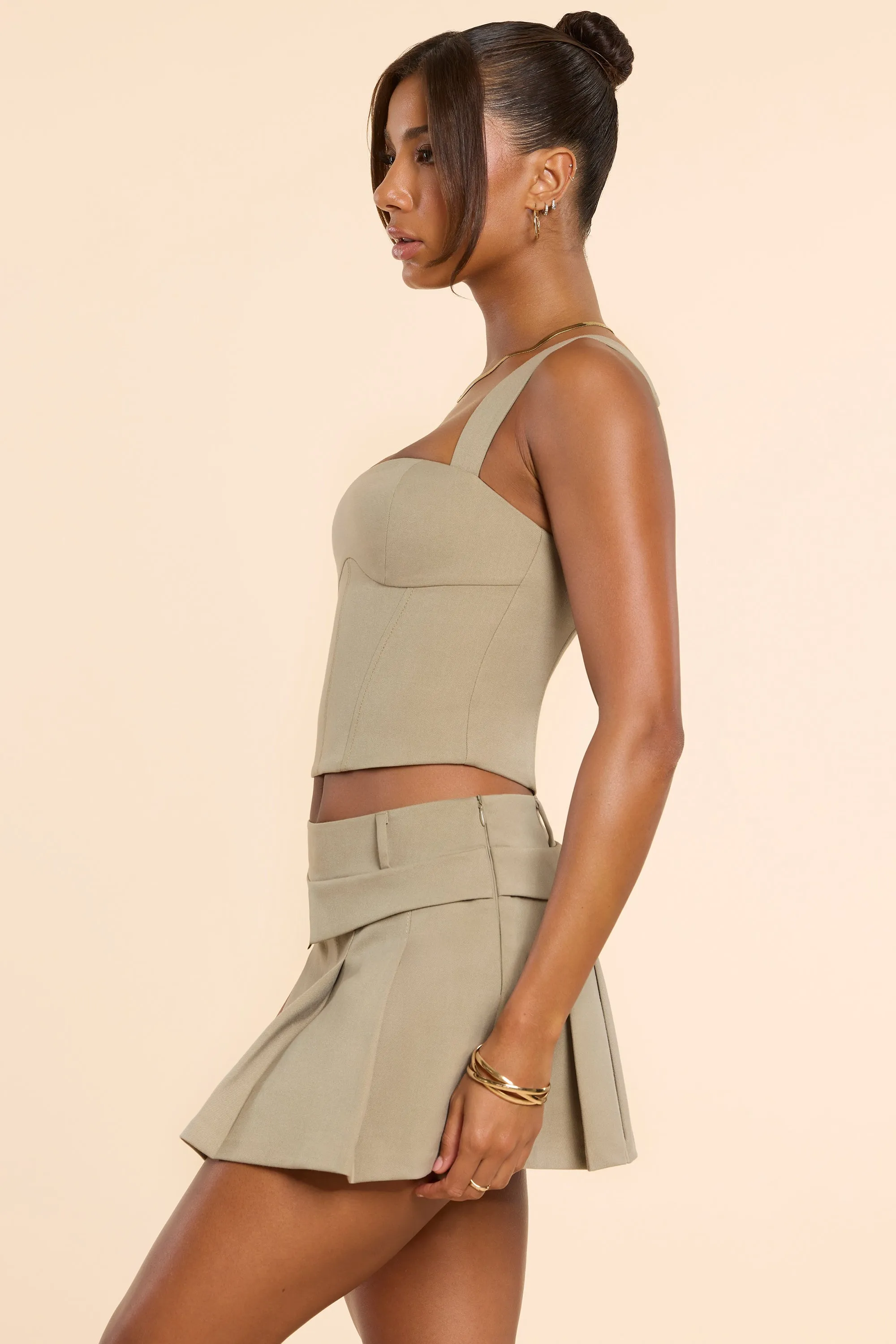 Brushed Twill Mid Rise Pleated Micro Mini Skirt in Taupe Neat Style
