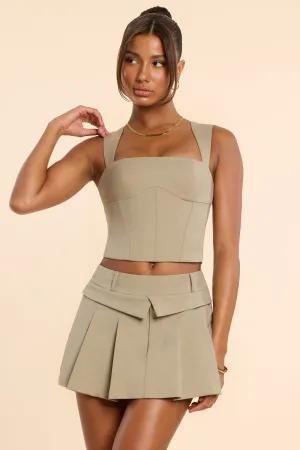 Brushed Twill Mid Rise Pleated Micro Mini Skirt in Taupe Young adult