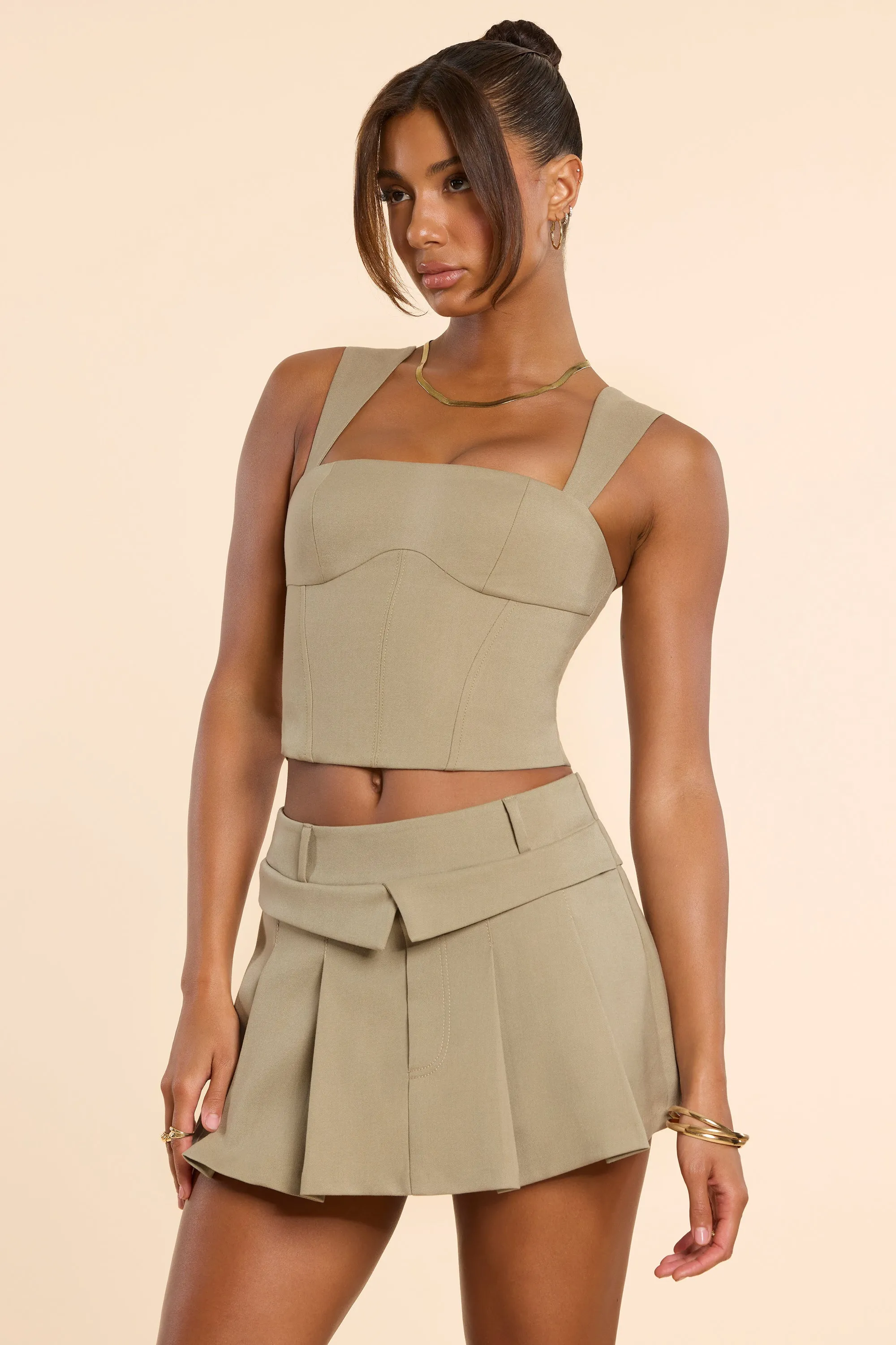 Style Essential Corduroy texture Brushed Twill Mid Rise Pleated Micro Mini Skirt in Taupe