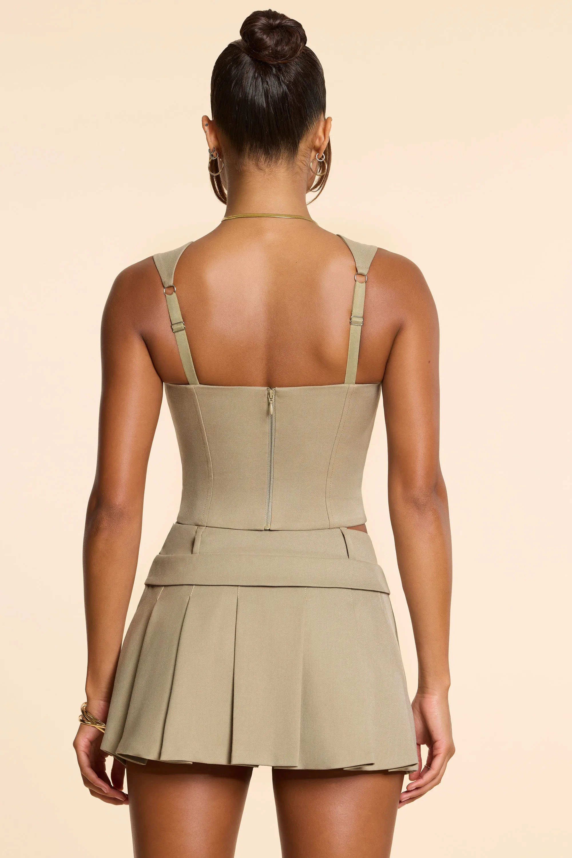 Delicate Texture Daytime Look Brushed Twill Mid Rise Pleated Micro Mini Skirt in Taupe