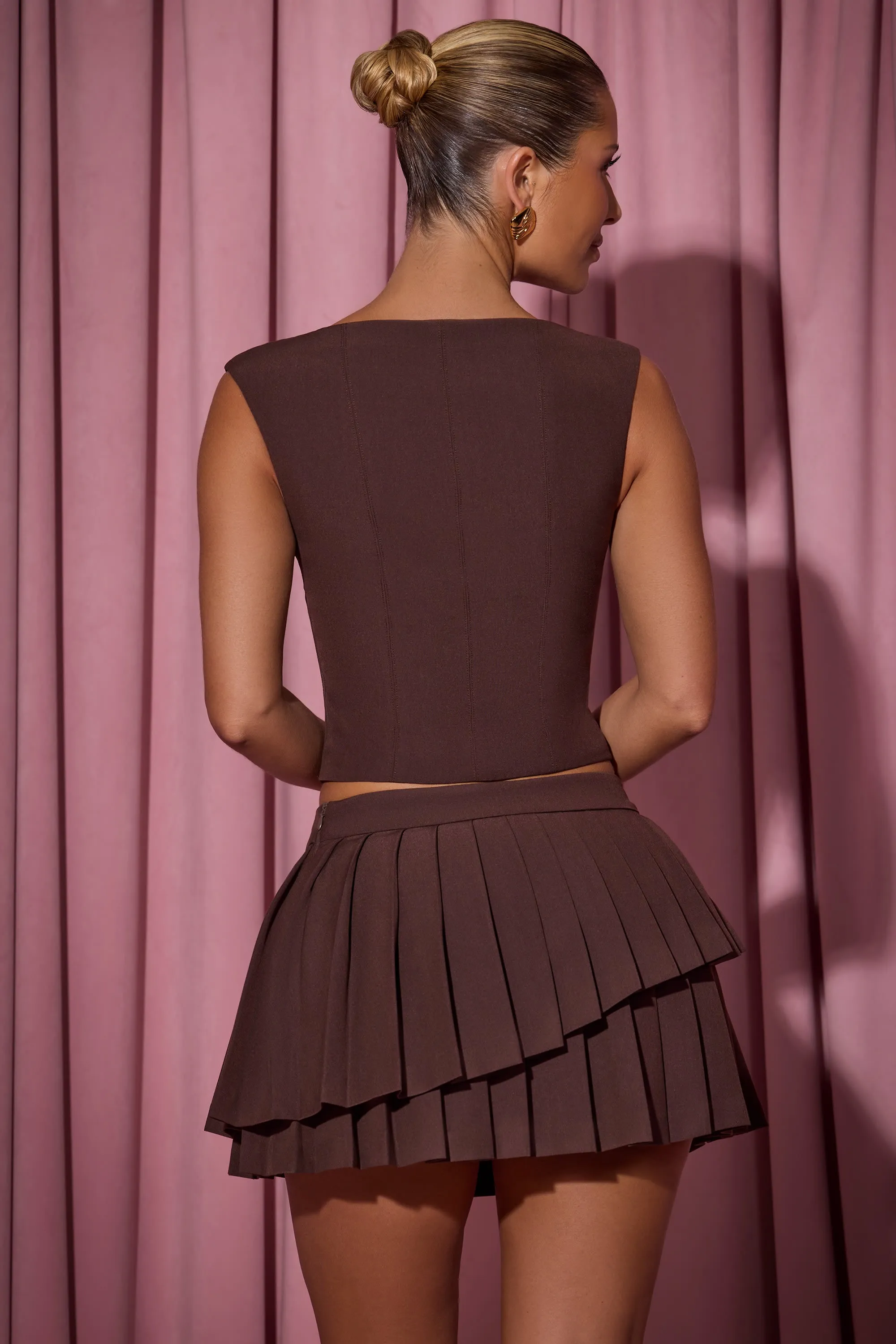 Cozy Vibe personalized option Layered Pleated Low-Rise Mini Skirt in Chocolate Brown