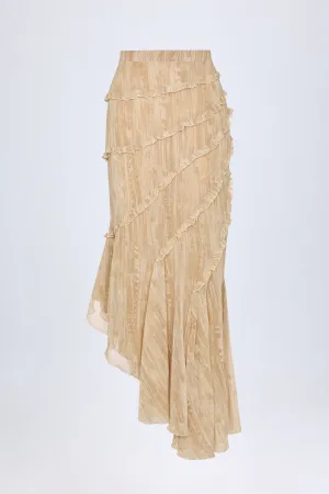 Ruffled Asymmetric Mid-Rise Maxi Skirt in Tan Print Hygienic Coating