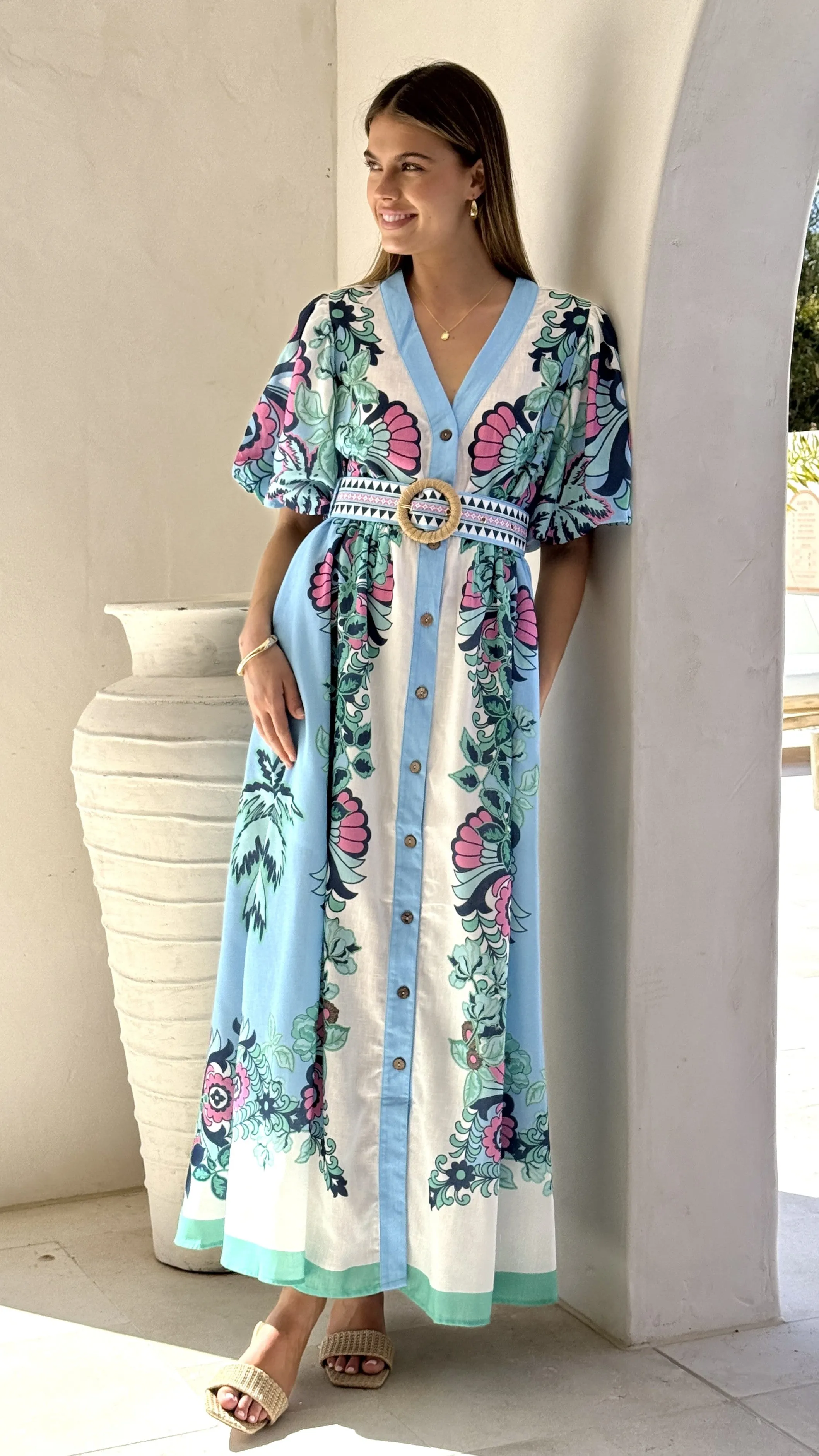 Dali Maxi Dress - Island Bloom Blue One shoulder Ombre Shade