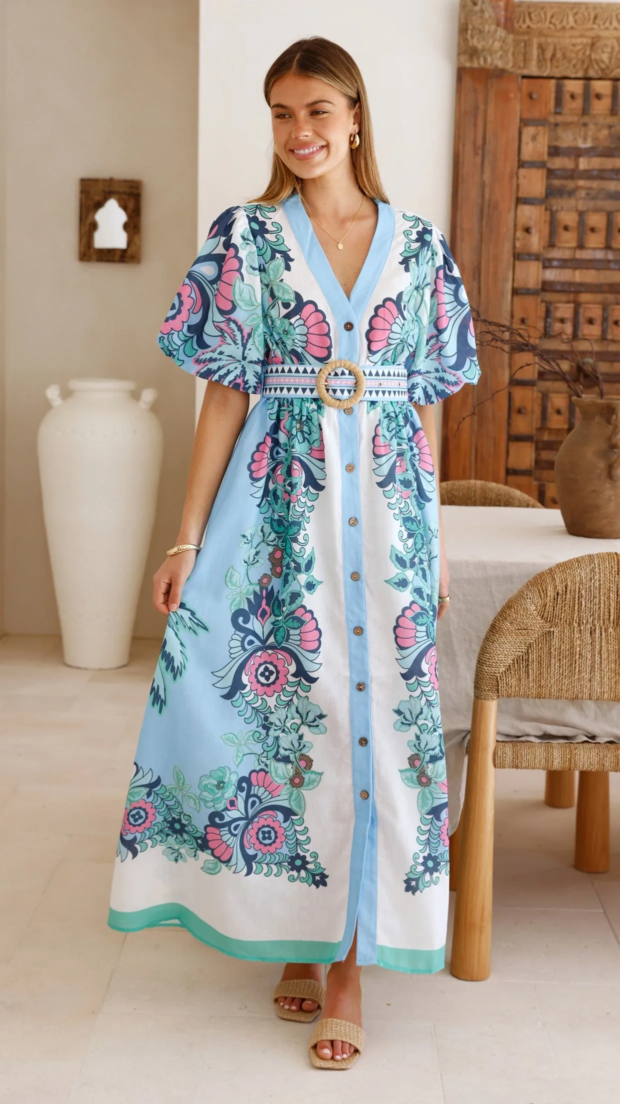 Dali Maxi Dress - Island Bloom Blue Beach Walk