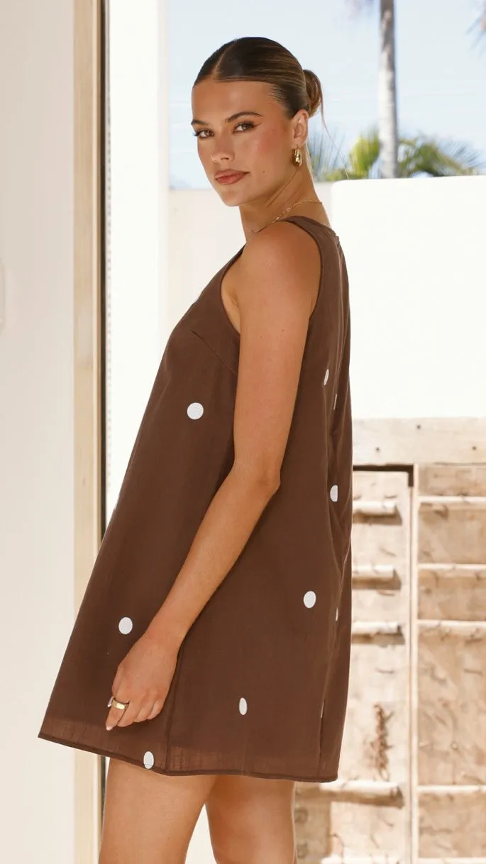 Easy Care Fabric Recycled Polyester Material Natala Shift Mini Dress - Chocolate / White Polka Dot