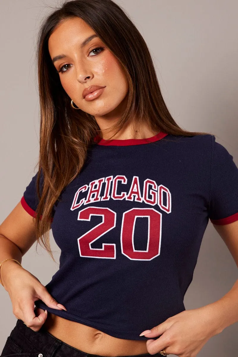 Reinforced Shoulders Blue Graphic Tee Short Sleeve