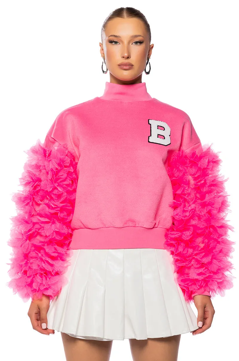 UPPER EAST SIDE PINK RUFFLE SLEEVE SWEATSHIRT Relaxed Apparel