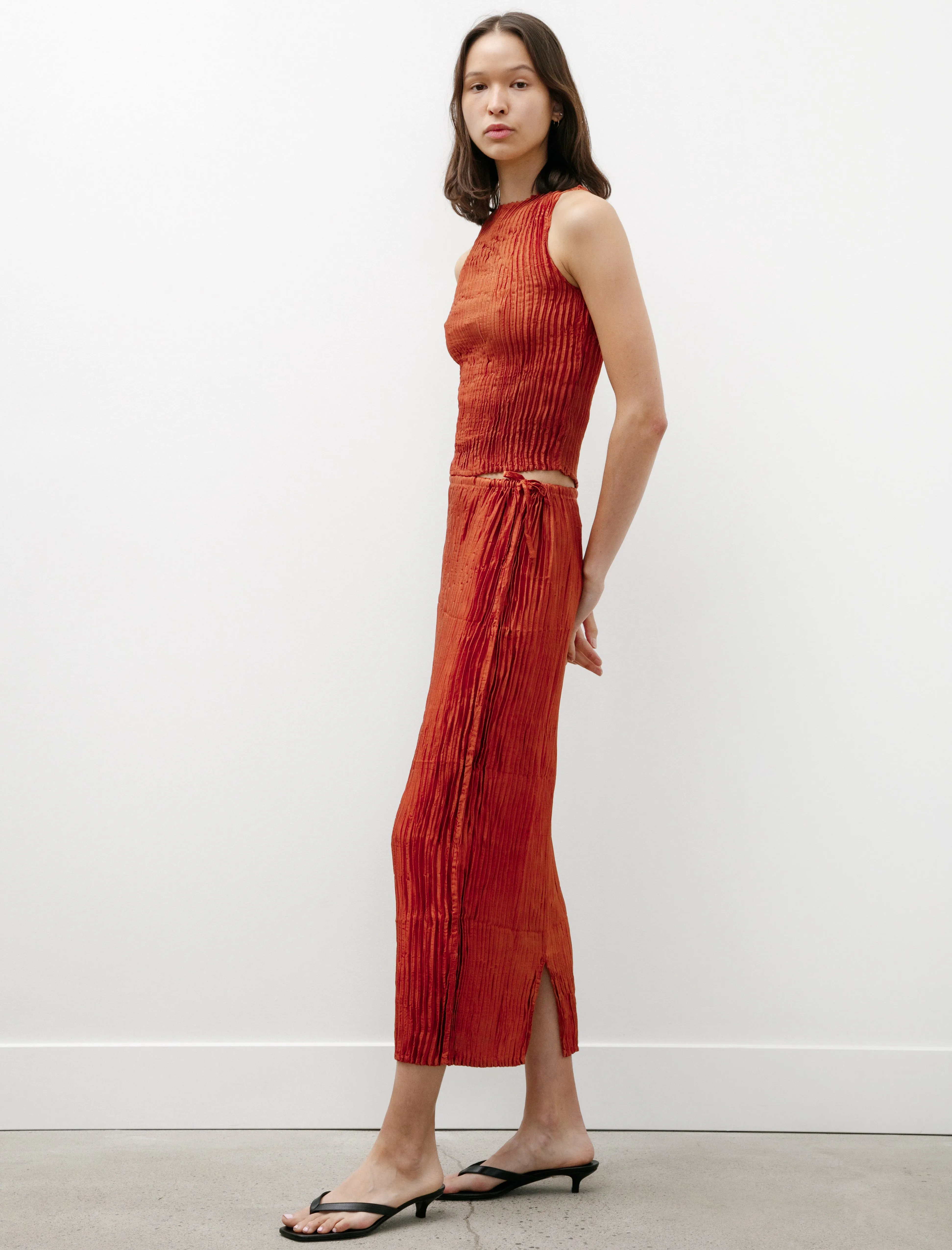 Collaboration Piece ruffle trim Pliss?? Silk Skirt Mahogany