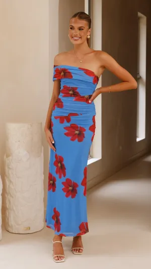 Versatile maxi with accessories Sun shield Eisa One Shoulder Maxi Dress - Blue / Red Floral