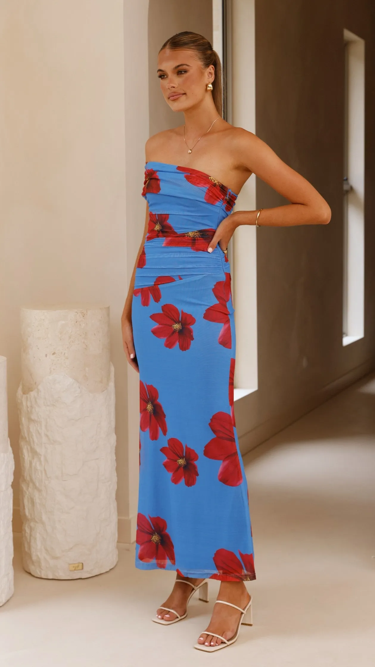 Eisa One Shoulder Maxi Dress - Blue / Red Floral Meadow Air Breezy formal outfit