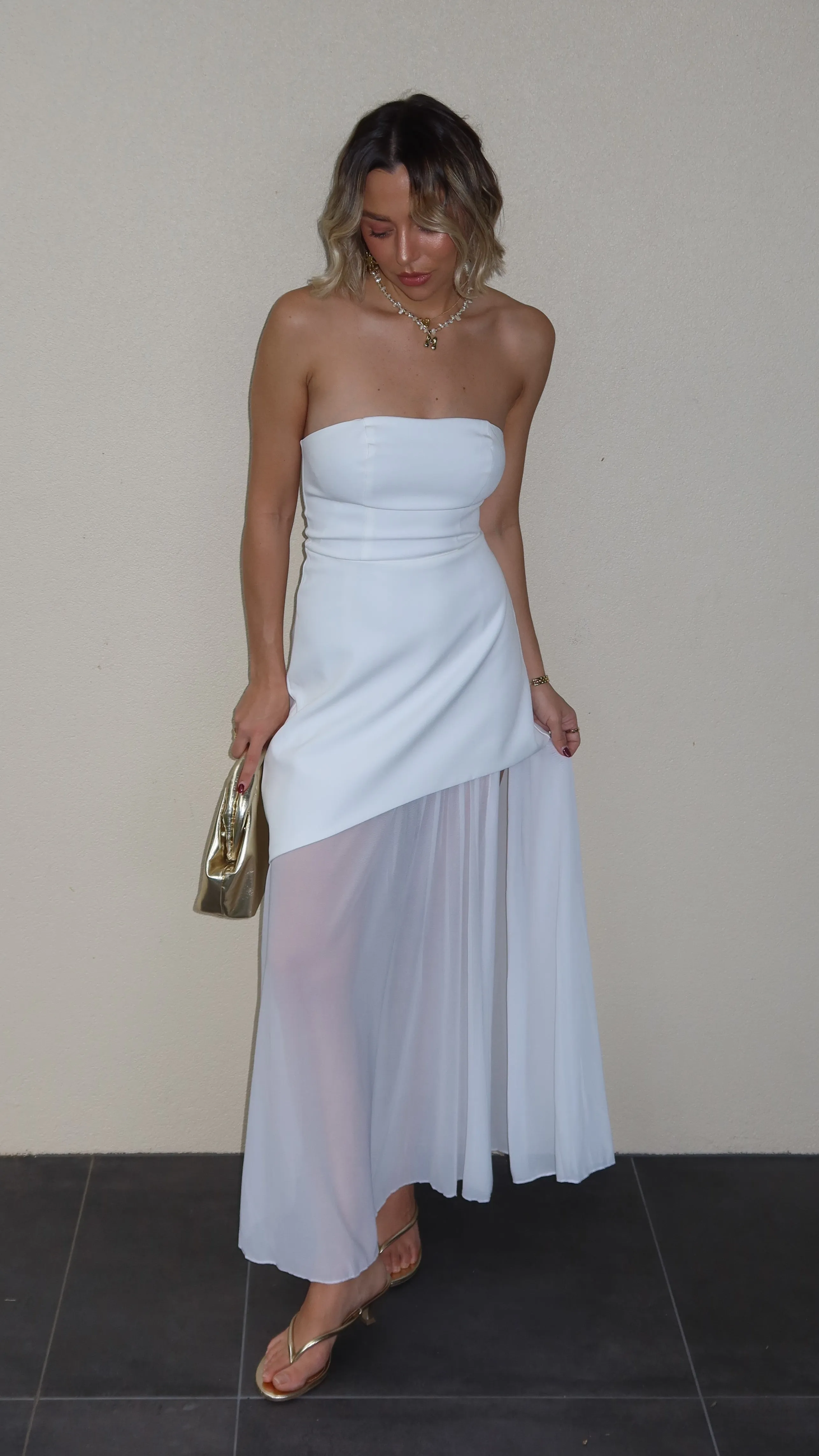 Weekend Escape Shell Shine Fenella Asymmetrical Maxi Dress - White
