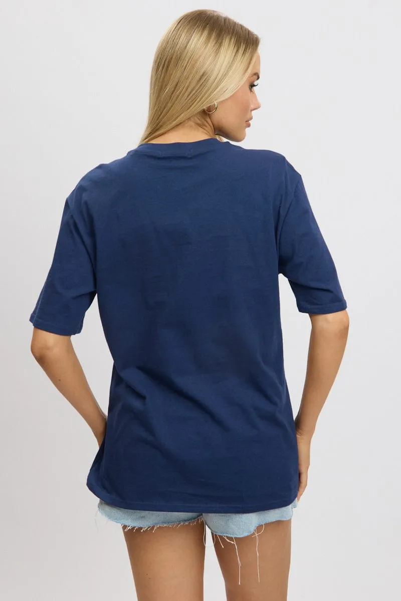 Blue Graphic Tee Short Sleeve Trendy Design Wrinkle-Free