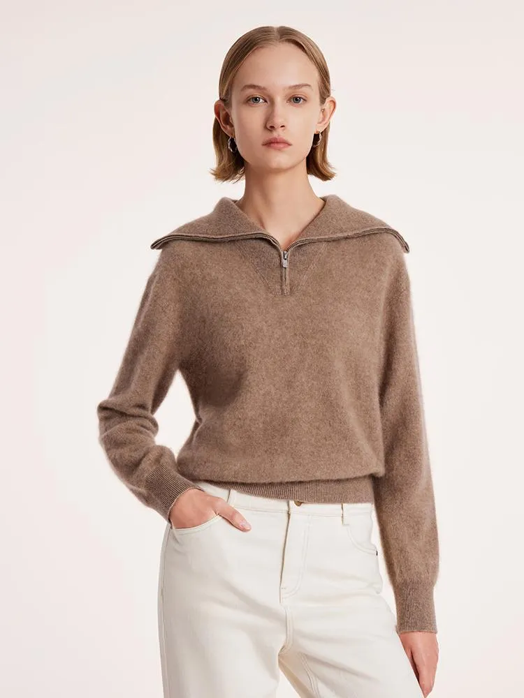 Odor Control Technology Knitwear Essential Pure Cashmere Zippered Lapel Women Sweater