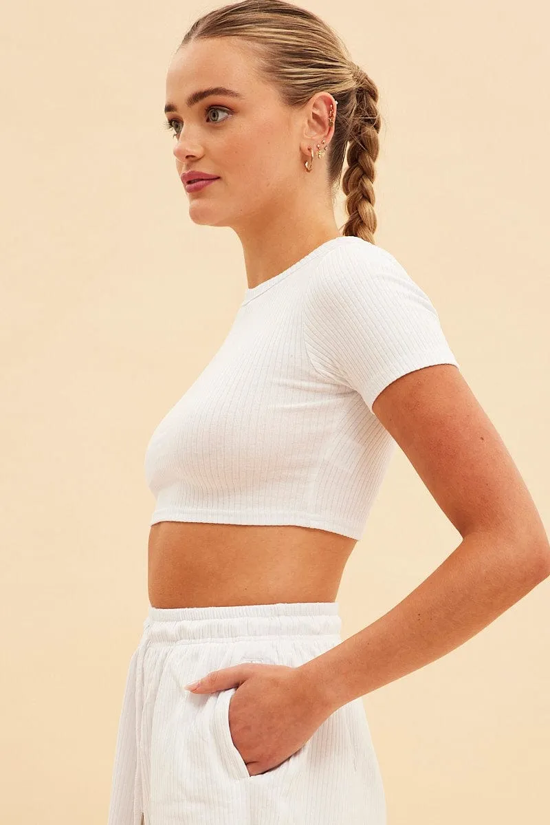 White Prea Rib Crew Neck Short Sleeve Crop Baby T-Shirt Mind Glow