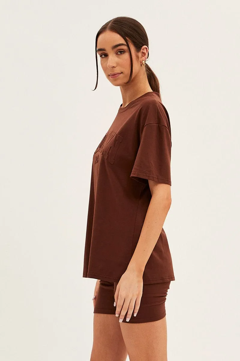 Comfortable Outerwear Cyber Glow Brown Textured Tee And Biker Shorts Set