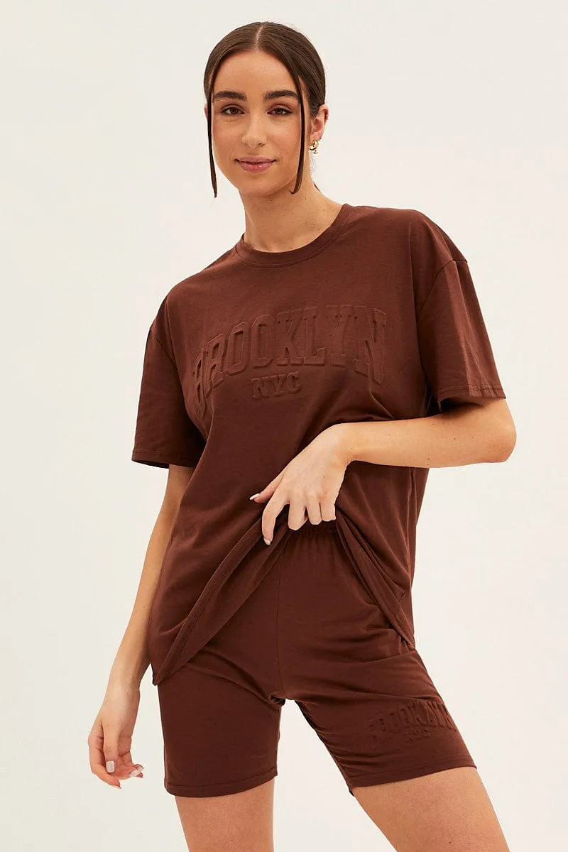 Brown Textured Tee And Biker Shorts Set Hypoallergenic Fibers Daily Style