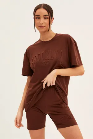 Brown Textured Tee And Biker Shorts Set Hypoallergenic Fibers Daily Style