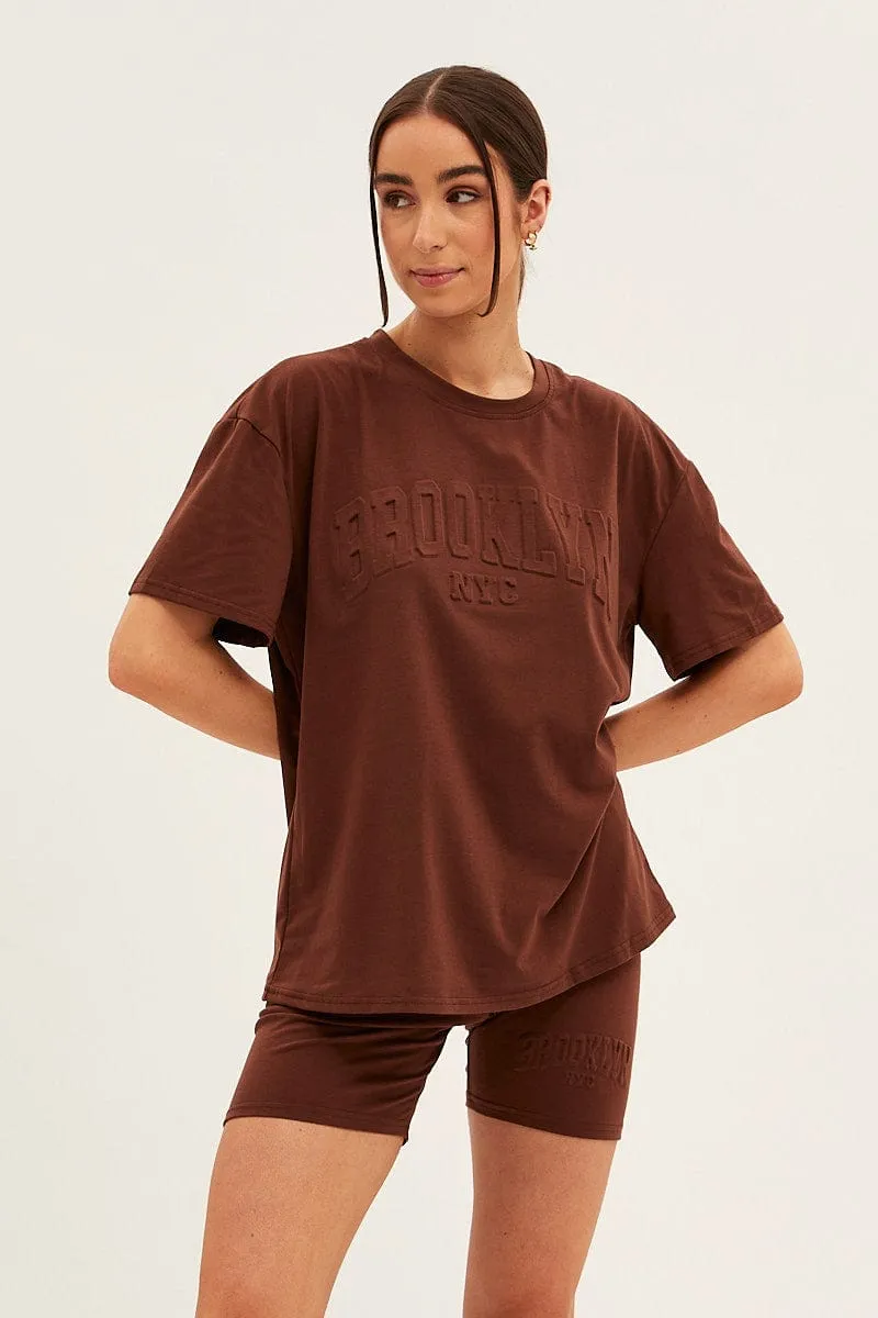 Brown Textured Tee And Biker Shorts Set Casual Fit Fable Core