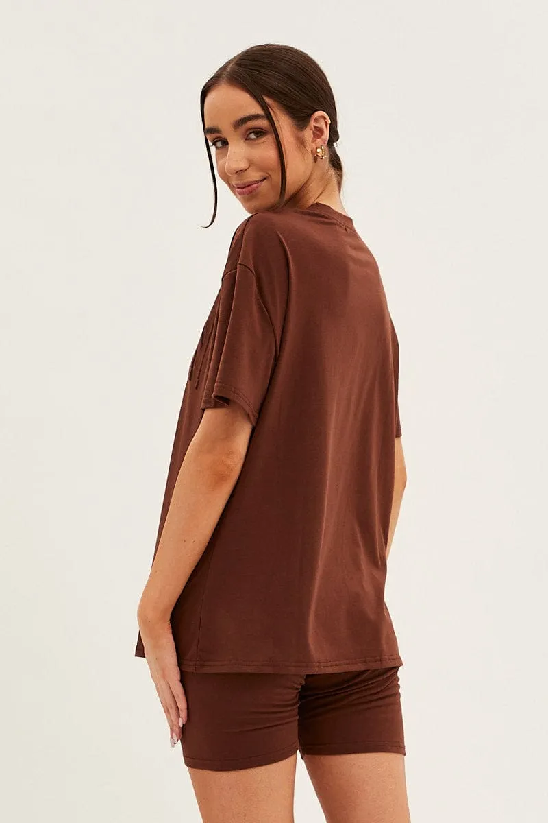 Brown Textured Tee And Biker Shorts Set Sophisticated Style