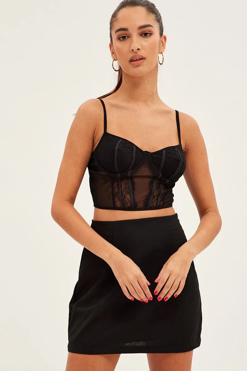 AdjustableWaistband ReinforcedStitching Black Crop Top Singlet Cami Lace
