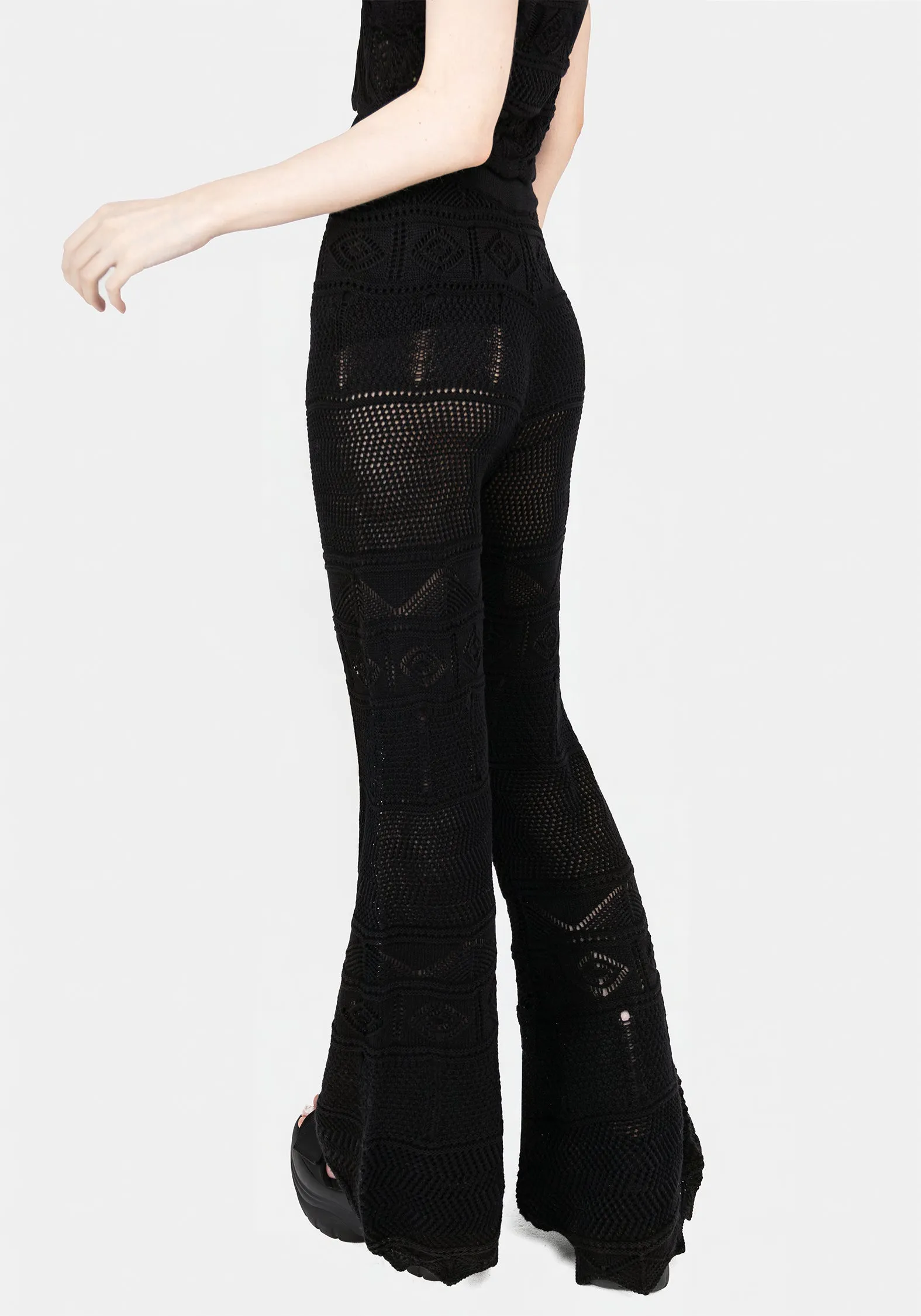 Hooked Pointelle Flare Trousers Stretchable Fabric MultiPocketDesign