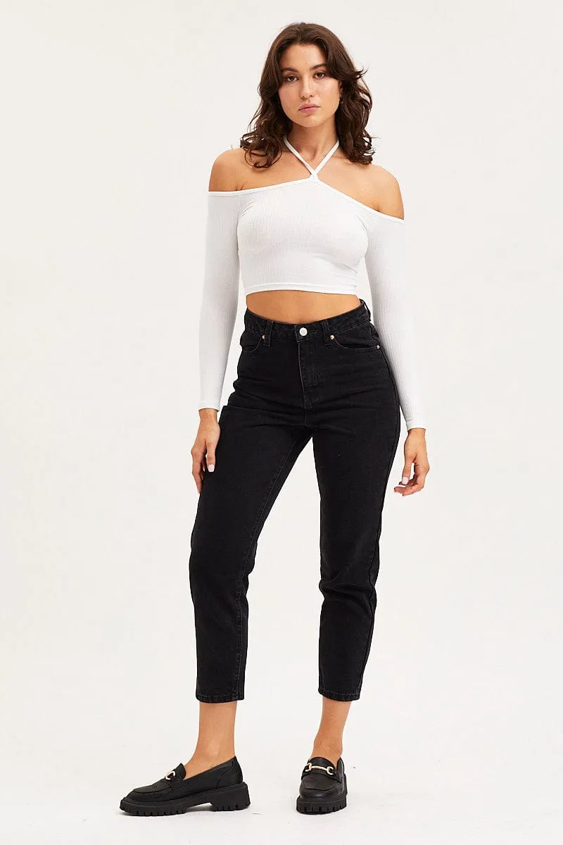 White Jersey Crop Top Long Sleeve Halter Neck Outdoor Wear FrictionResistantEdges