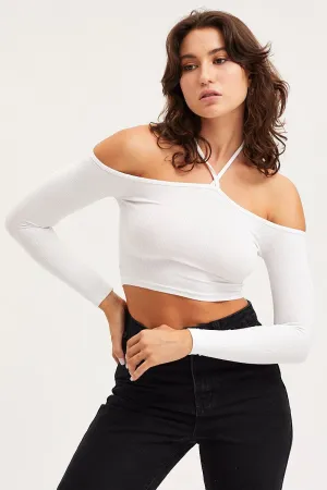 Vacation Mood french chic White Jersey Crop Top Long Sleeve Halter Neck