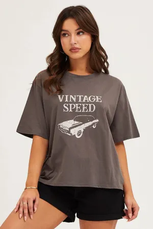 Grey Crew Neck Graphic T-Shirt Hypoallergenic Fibers Scoop neck femininity