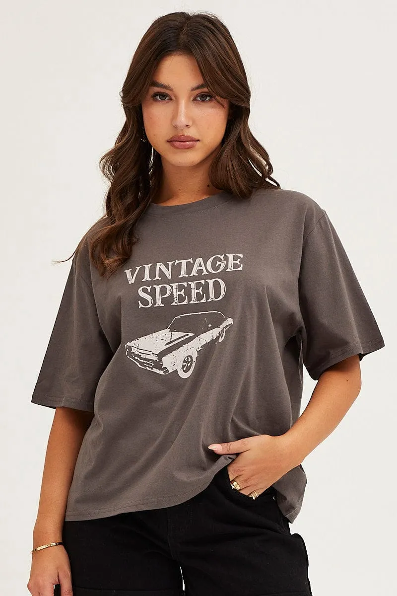 Grey Crew Neck Graphic T-Shirt Simple Comfort Look Reinforced Hemline