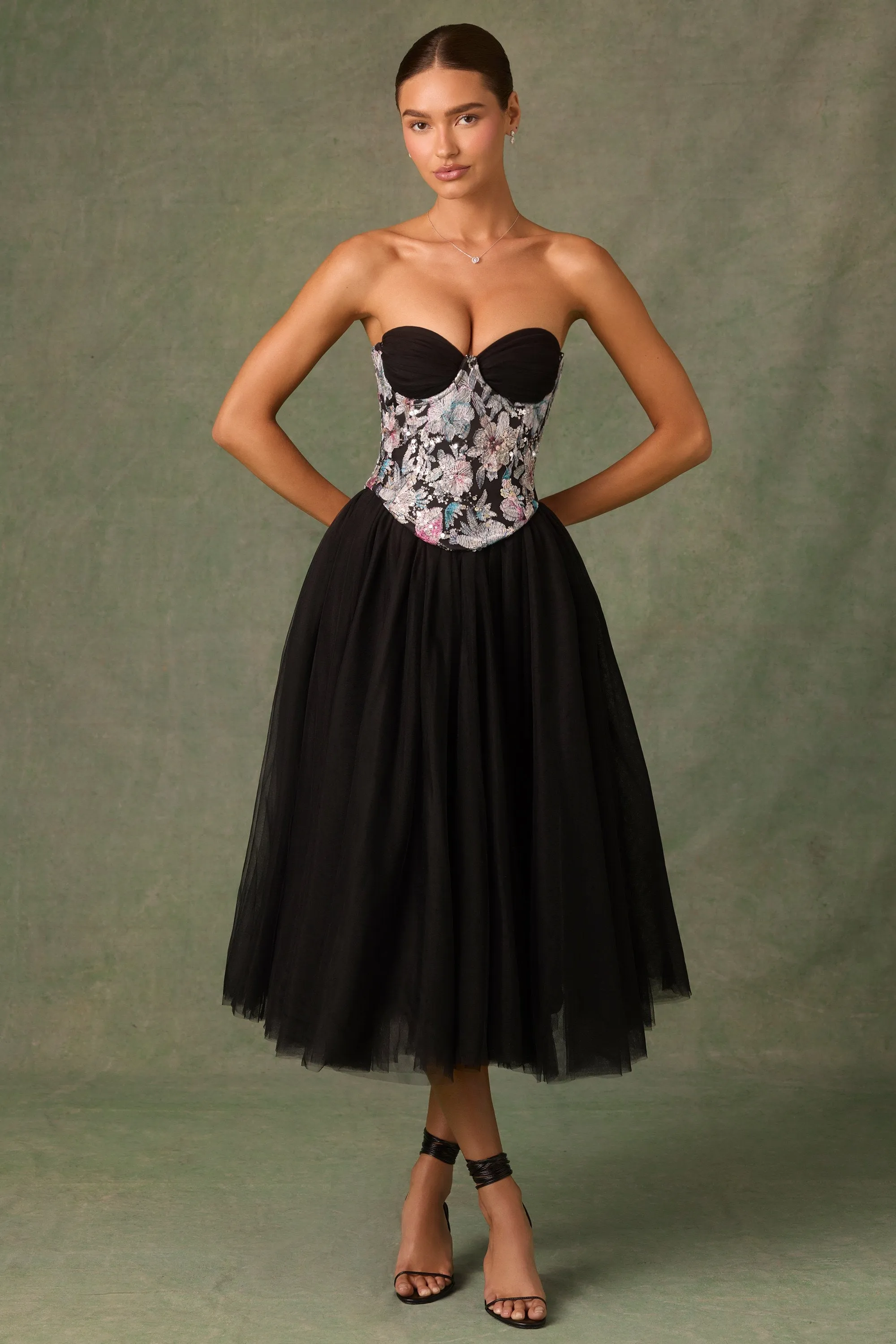 Embellished Lace-Up Cupless Corset in Floral Black Comfortable Sweater