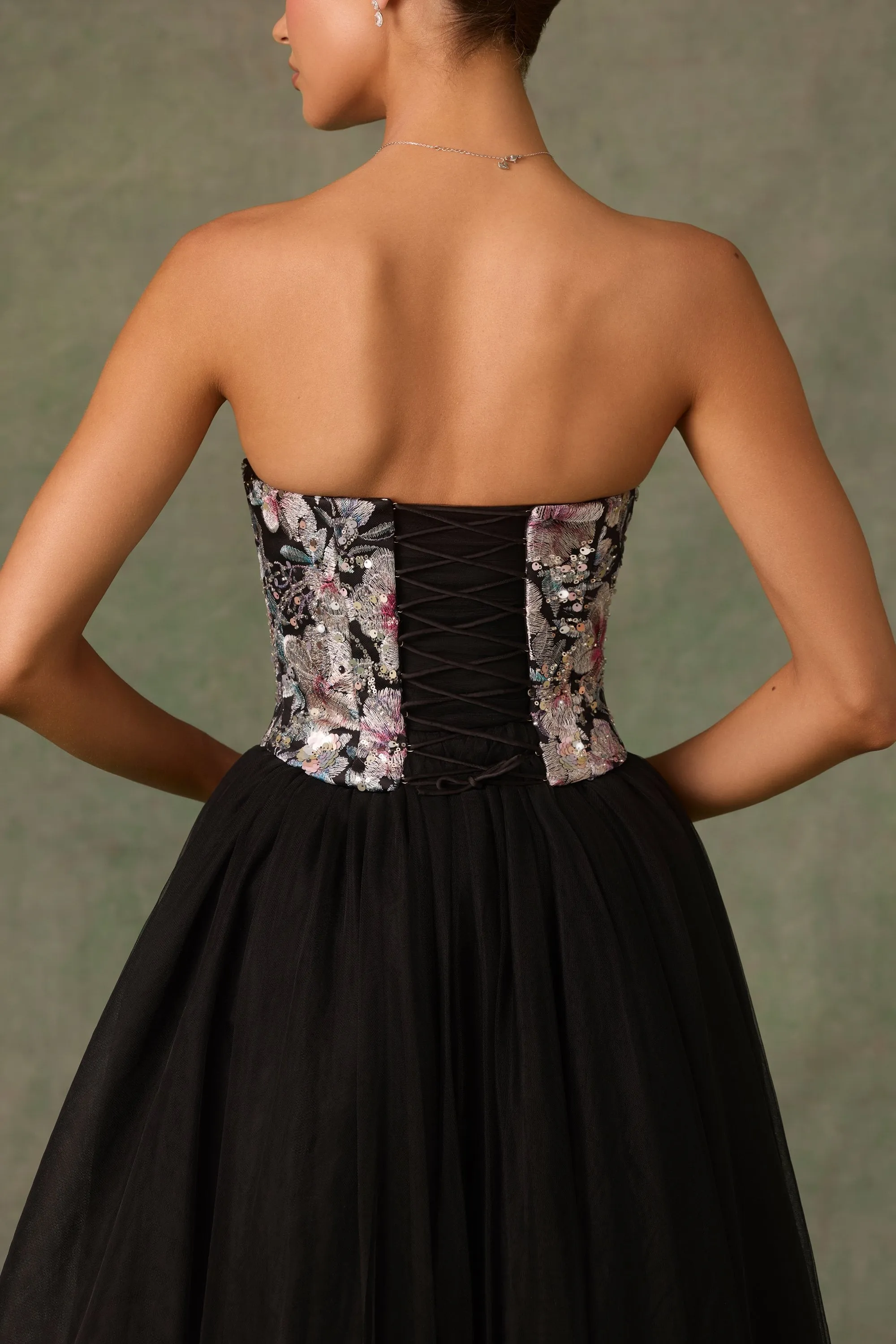 Free Mind Embellished Lace-Up Cupless Corset in Floral Black