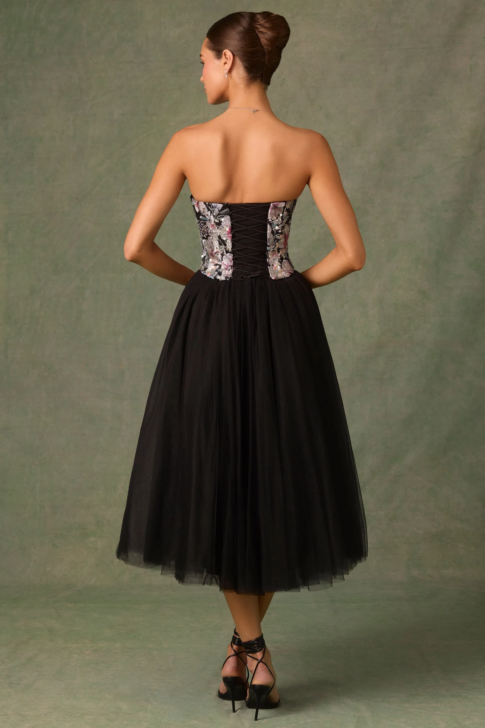 Embellished Lace-Up Cupless Corset in Floral Black Zen Glow