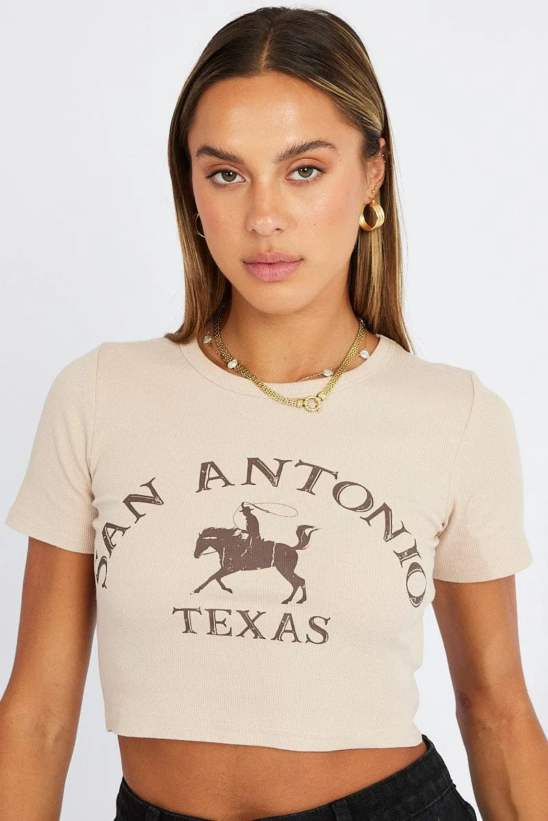 Beige Graphic Tee Cowboy Texas western Crop Baby T-shirt Stain Resistant